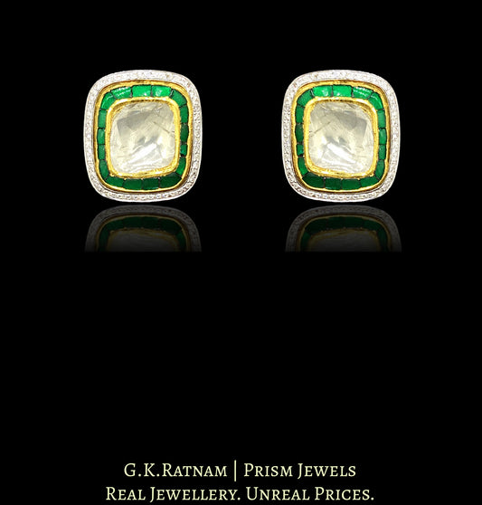 18k Gold and Diamond Polki Tops / Studs Earring Pair with big uncuts and emerald-green stones - G. K. Ratnam
