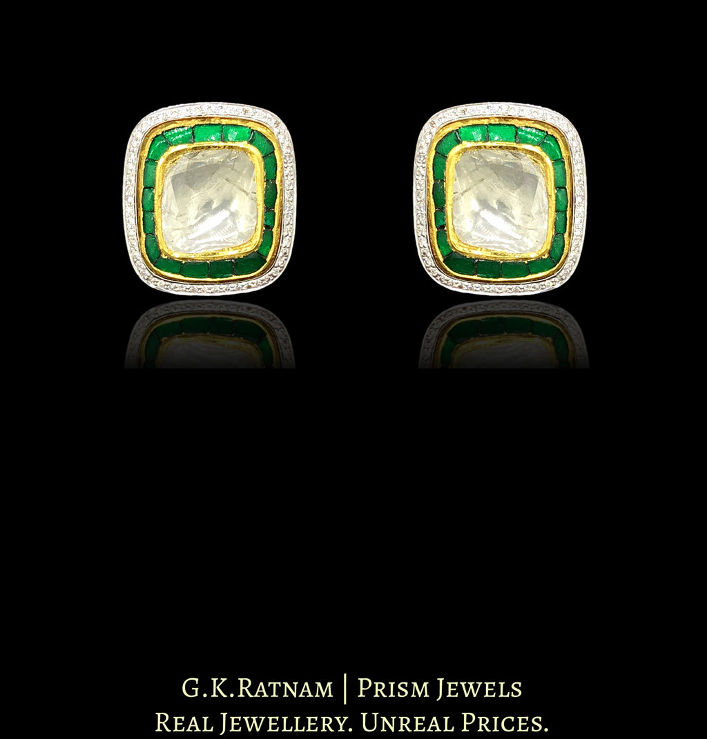 18k Gold and Diamond Polki Tops / Studs Earring Pair with big uncuts and emerald-green stones - G. K. Ratnam