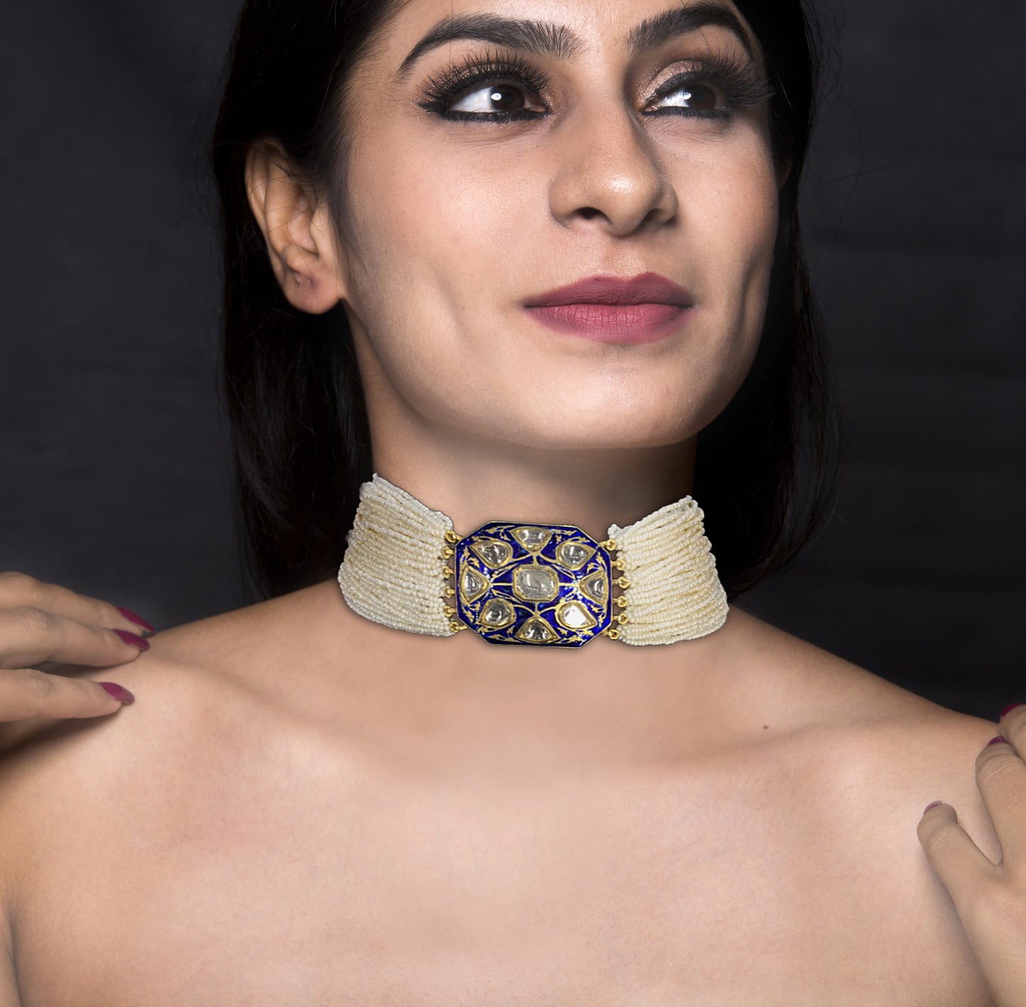 18k Gold and Diamond Polki Octagonal Choker Necklace With Blue Enamel