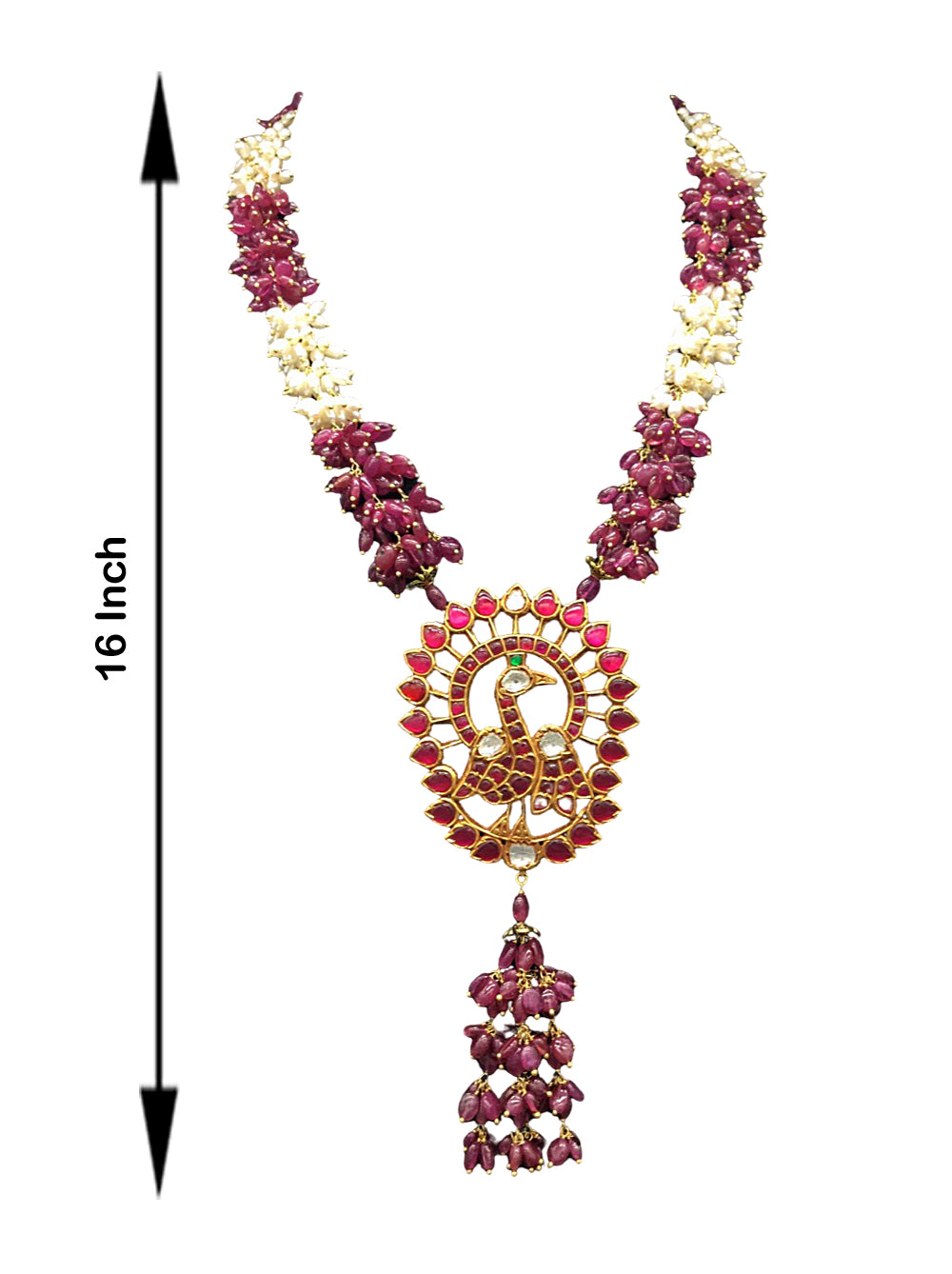 22k Gold and Diamond Polki south-style Peacock Pendant with Natural Rubies and Freshwater Pearls - G. K. Ratnam