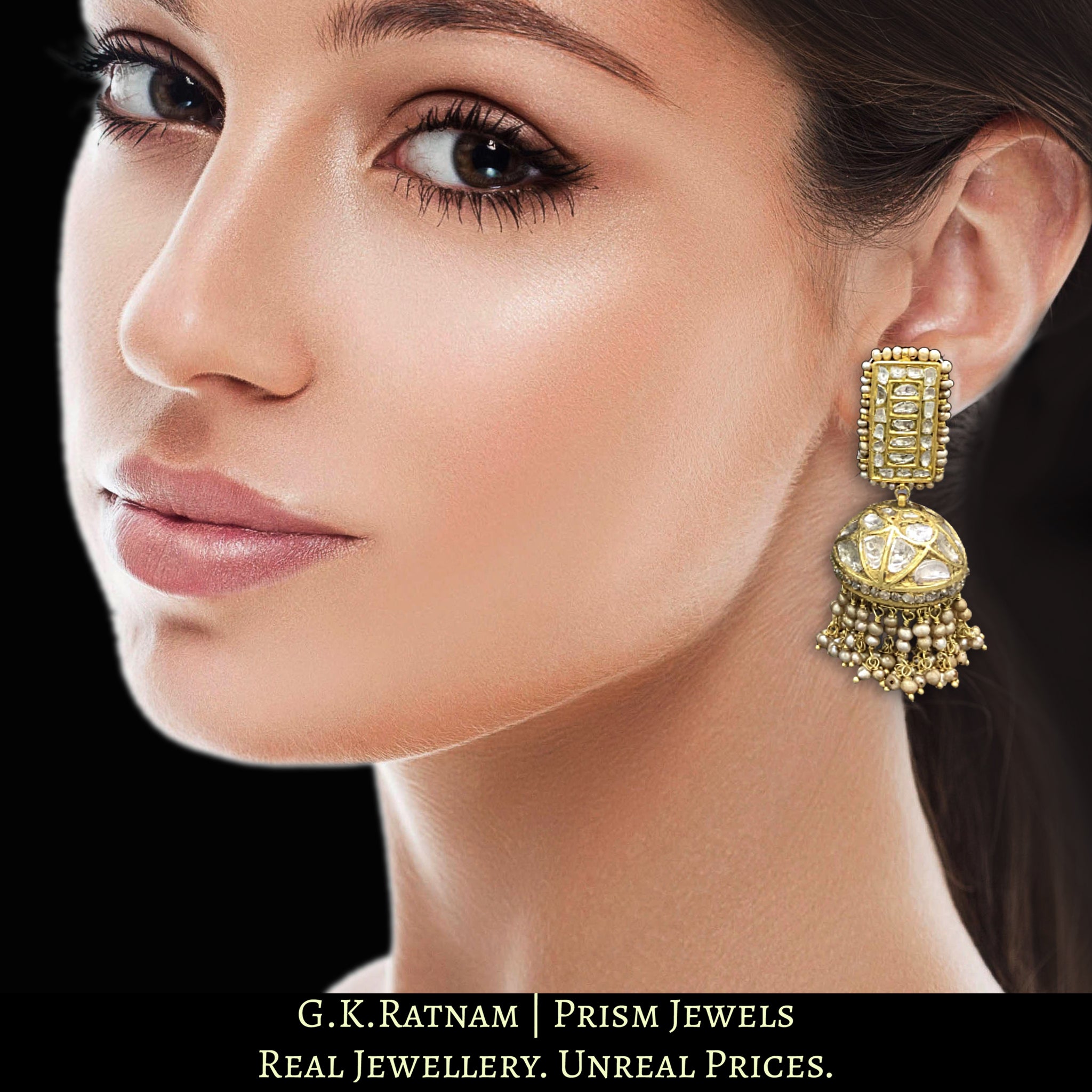 23k Gold and Diamond Polki stick-shaped tops and Jhumki Earring Pair with antiqued hydereabadi pearls