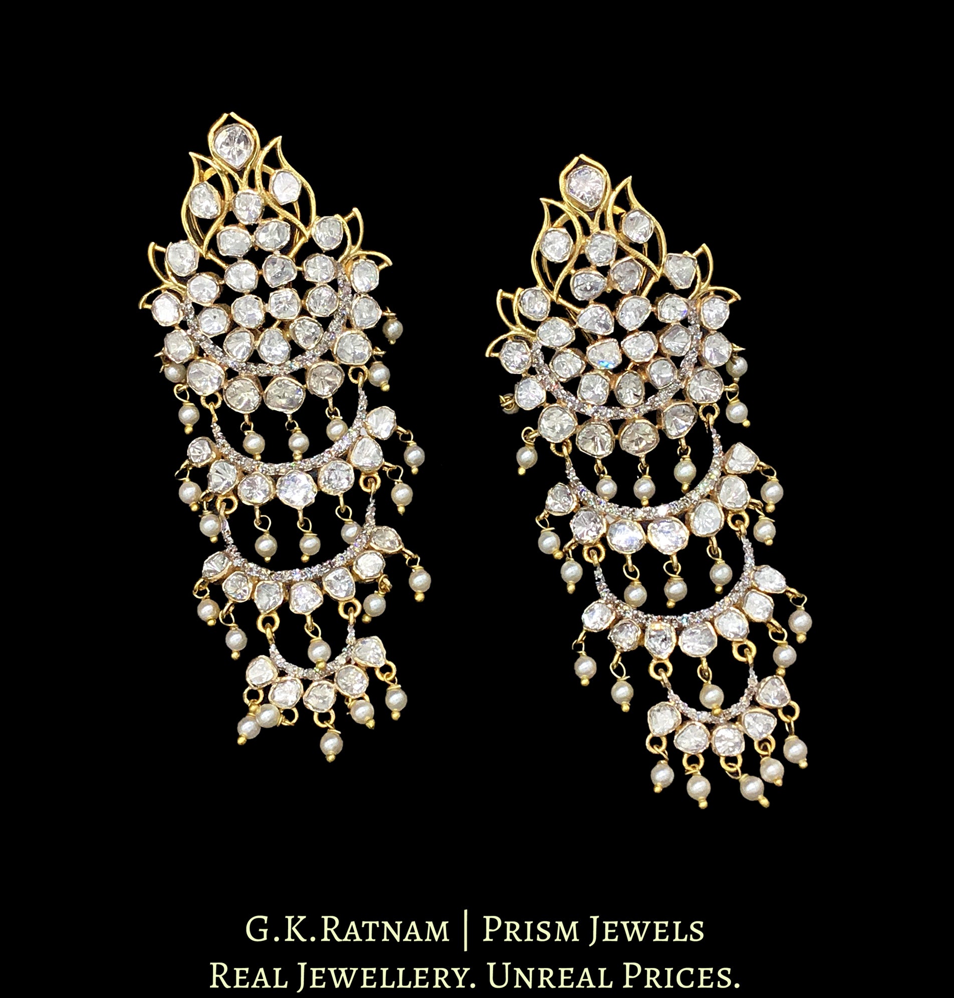 14k Gold and Diamond Polki detachable Open Setting Chandelier Earring Pair (Karanfools + Hangings) - G. K. Ratnam
