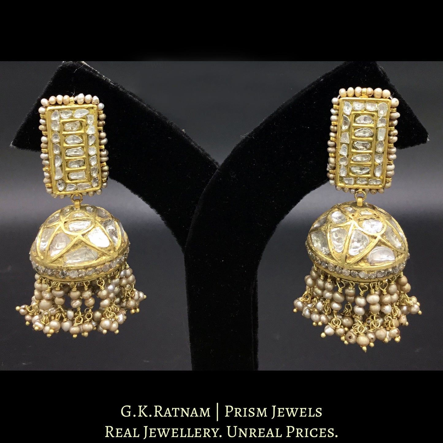 23k Gold and Diamond Polki stick-shaped tops and Jhumki Earring Pair with antiqued hydereabadi pearls