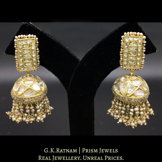 23k Gold and Diamond Polki stick-shaped tops and Jhumki Earring Pair with antiqued hydereabadi pearls