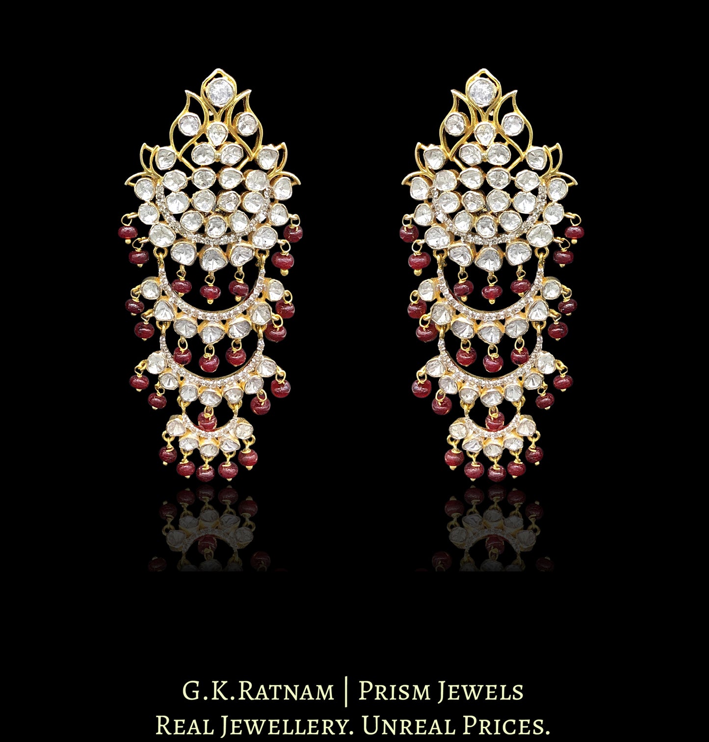 14k Gold and Diamond Polki detachable Open Setting Chandelier Earring Pair (Karanfools + Hangings) - G. K. Ratnam