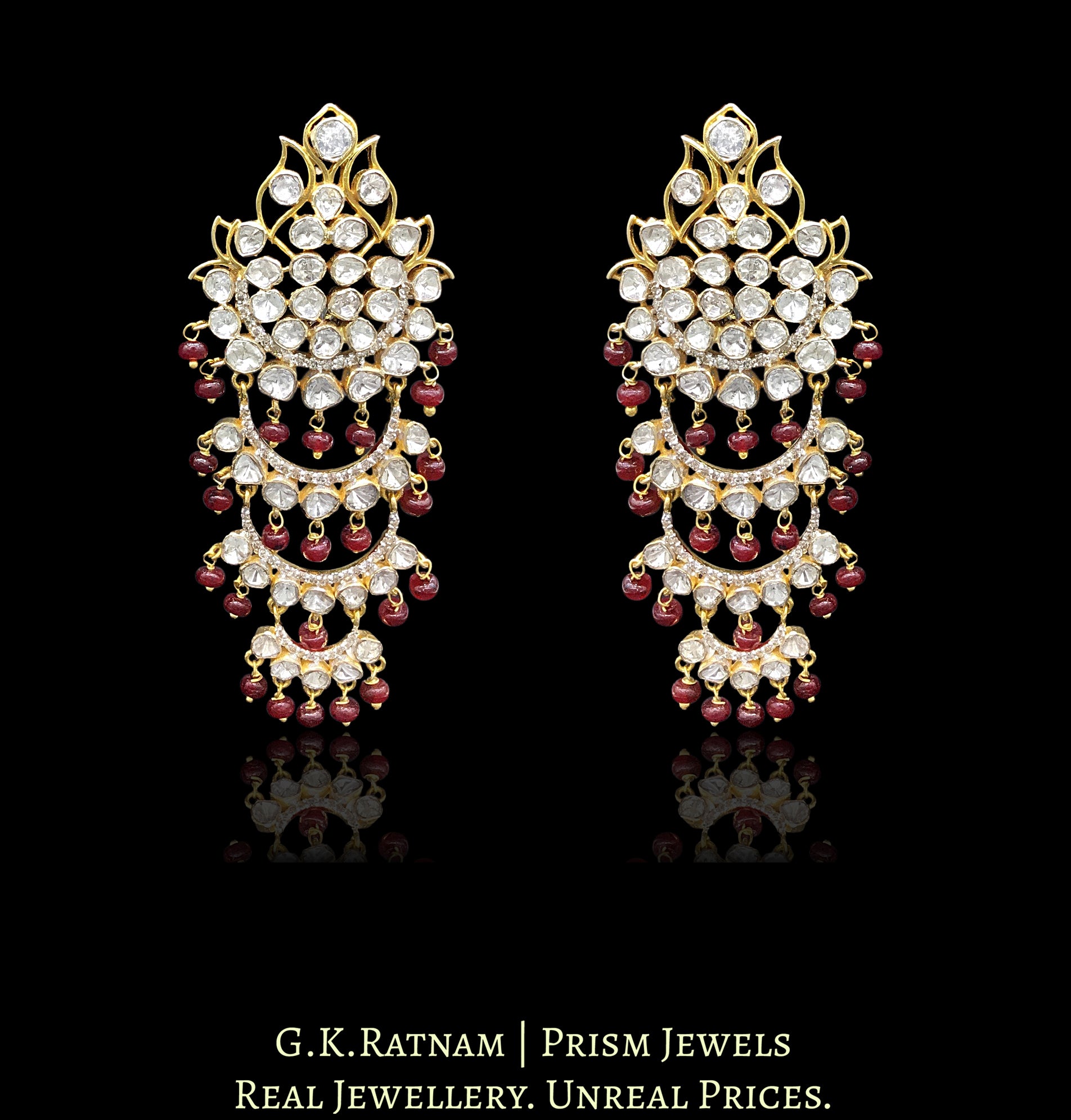14k Gold and Diamond Polki detachable Open Setting Chandelier Earring Pair (Karanfools + Hangings) - G. K. Ratnam