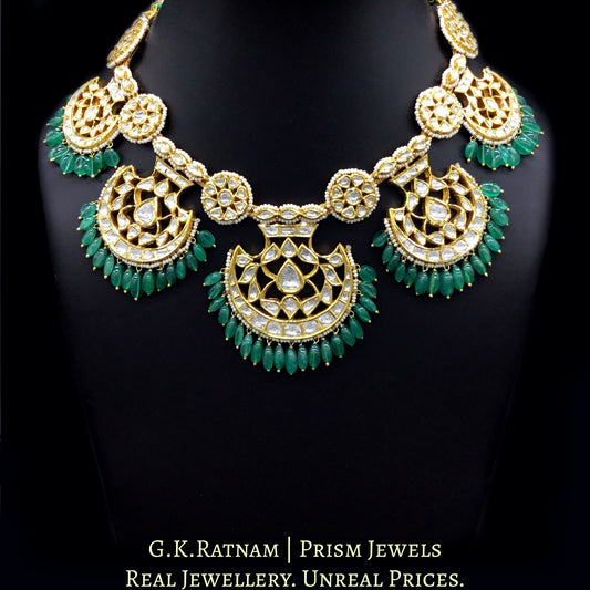 18k Gold and Diamond Polki Pankhi (fan) Necklace Set with emerald-grade beryl hangings - G. K. Ratnam