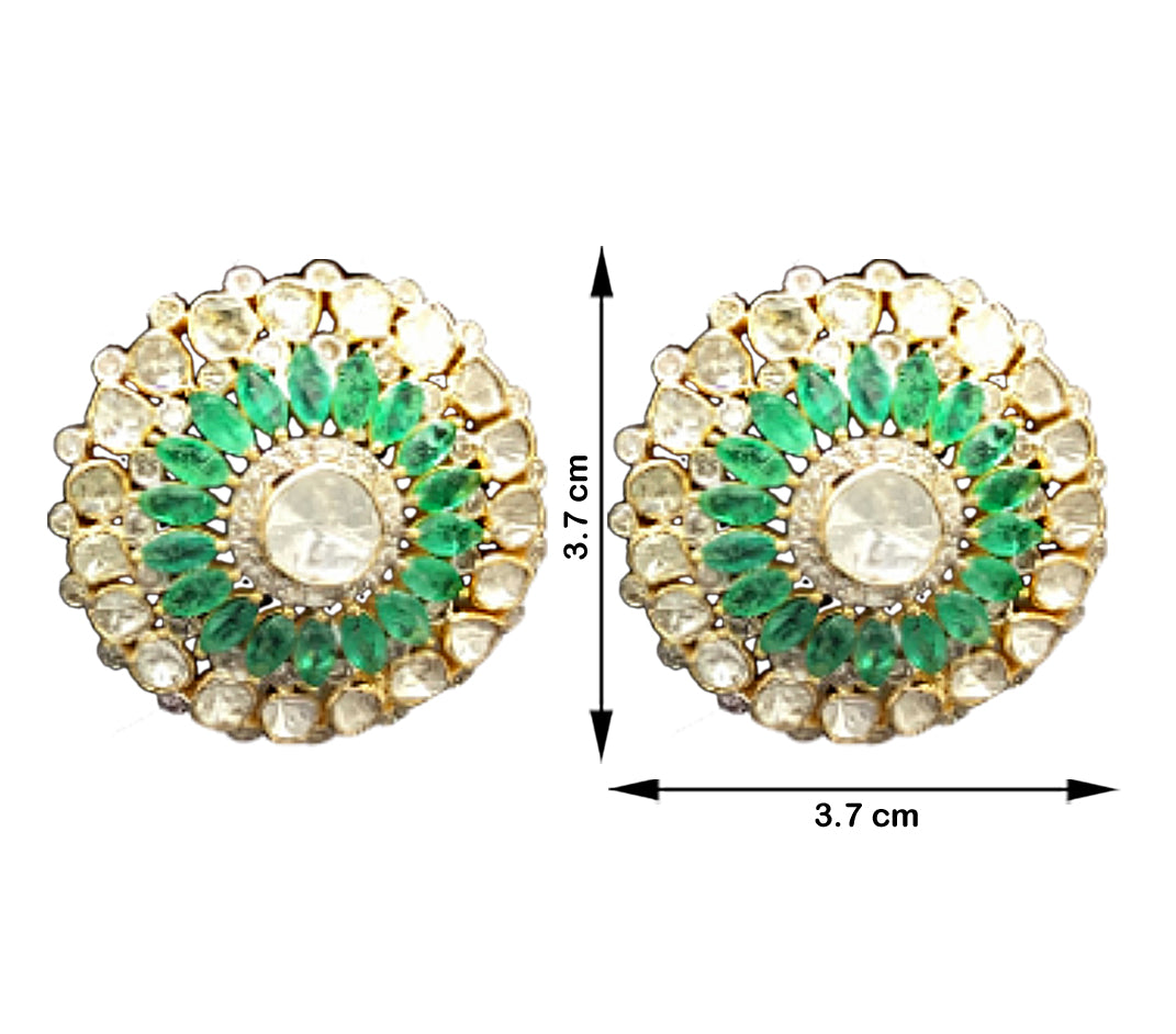 14k Gold and Diamond Polki Open Setting Karanphool Earring Pair with Natural Emerald marquises