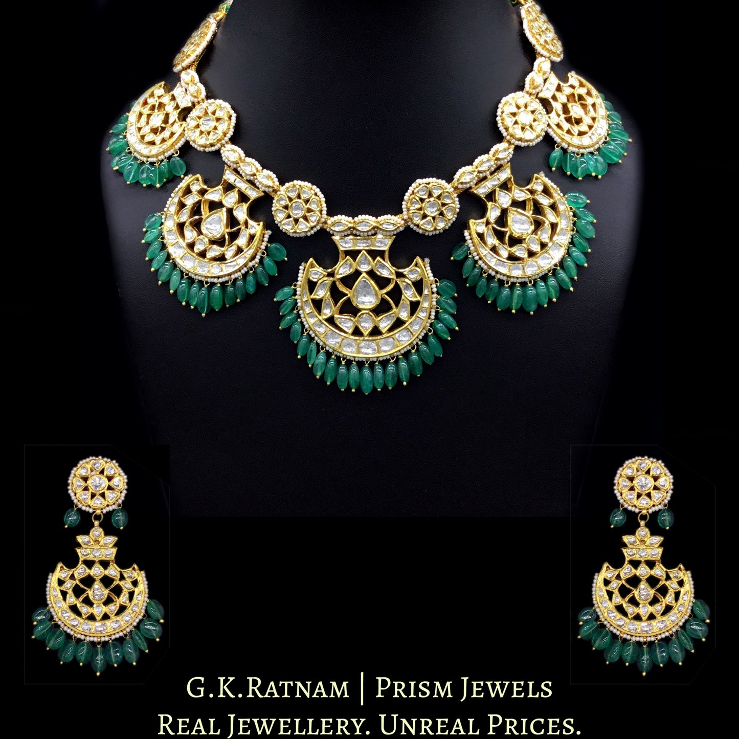 18k Gold and Diamond Polki Pankhi (fan) Necklace Set with emerald-grade beryl hangings - G. K. Ratnam
