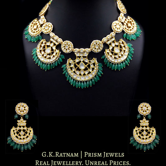 18k Gold and Diamond Polki Pankhi (fan) Necklace Set with emerald-grade beryl hangings - G. K. Ratnam