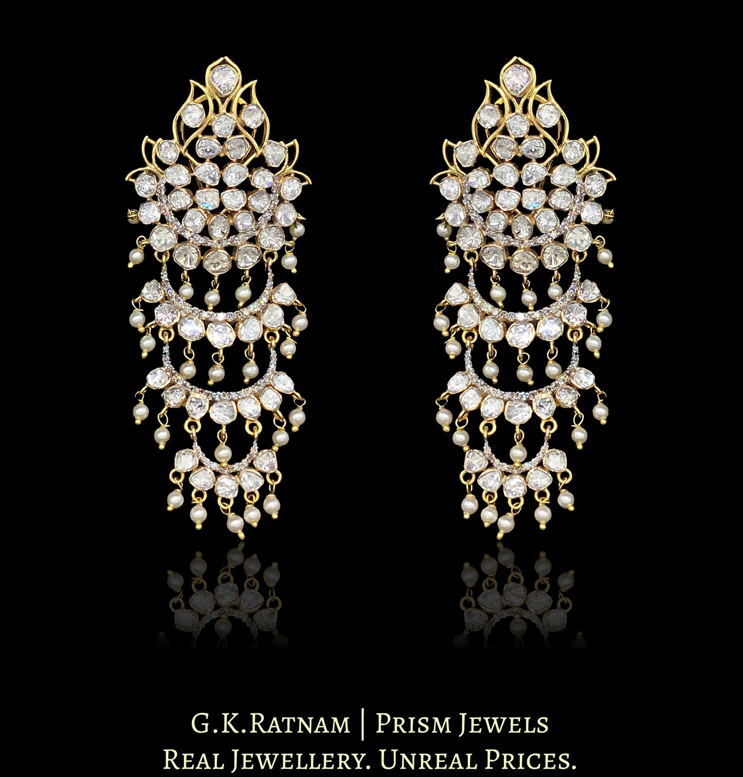 14k Gold and Diamond Polki detachable Open Setting Chandelier Earring Pair (Karanfools + Hangings) - G. K. Ratnam