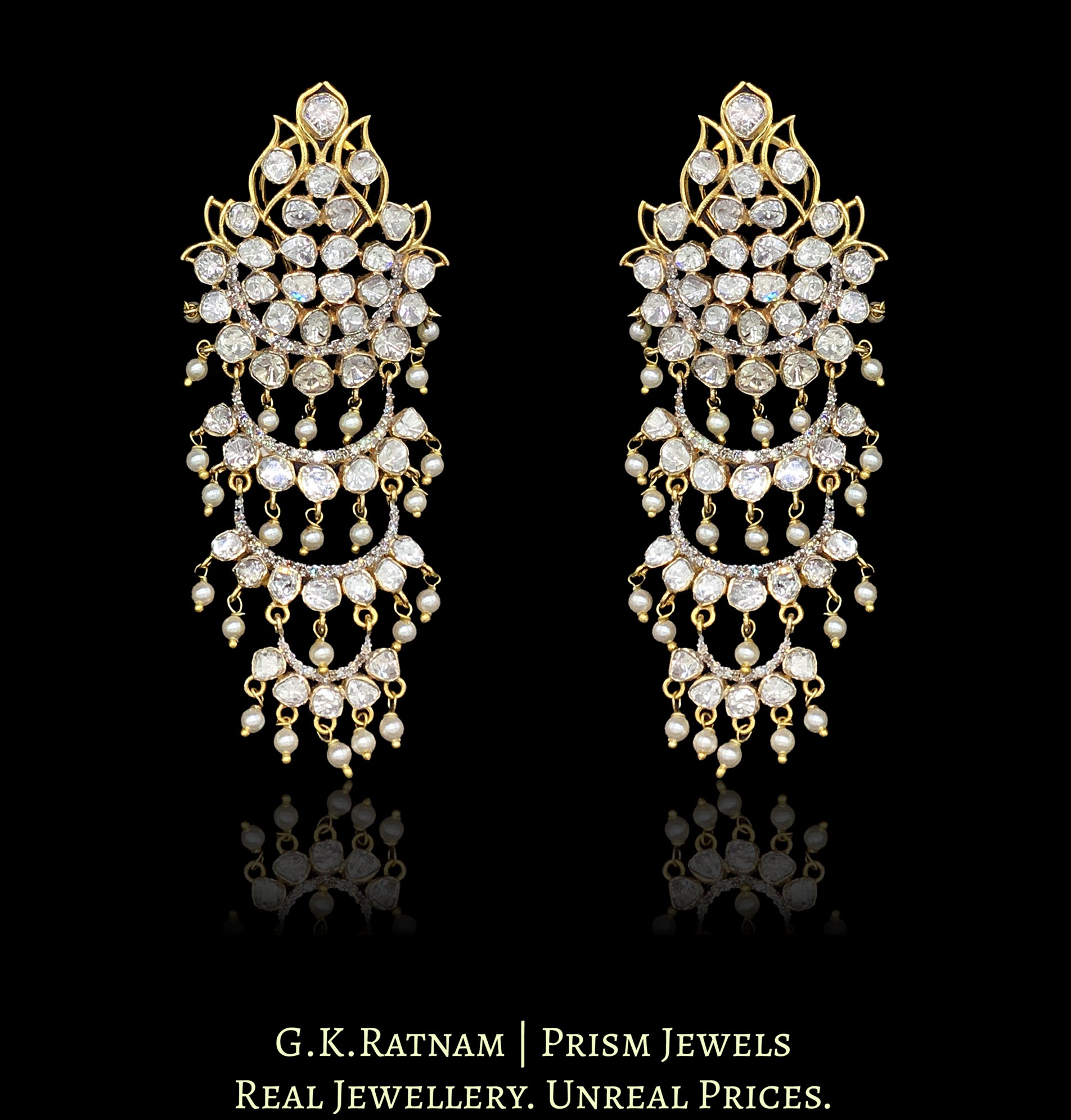14k Gold and Diamond Polki detachable Open Setting Chandelier Earring Pair (Karanfools + Hangings) - G. K. Ratnam