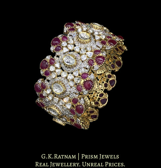 18k Gold and Diamond Polki Open Setting Bangle with Rubies