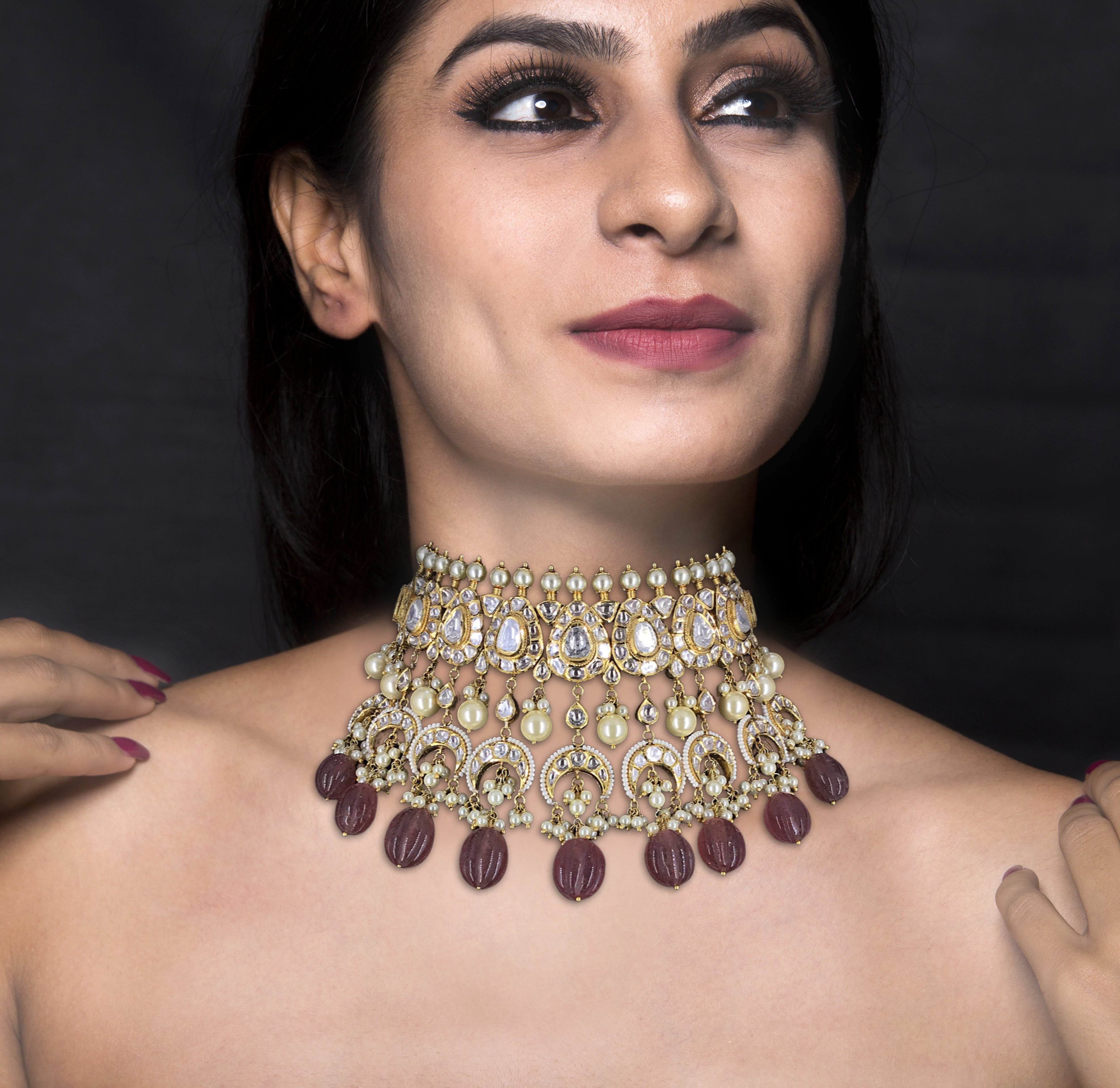 18k Gold and Diamond Polki Choker Necklace Set with pear-shaped motifs enhanced by hand-carved Strawberry Quartz Melons and Pearls