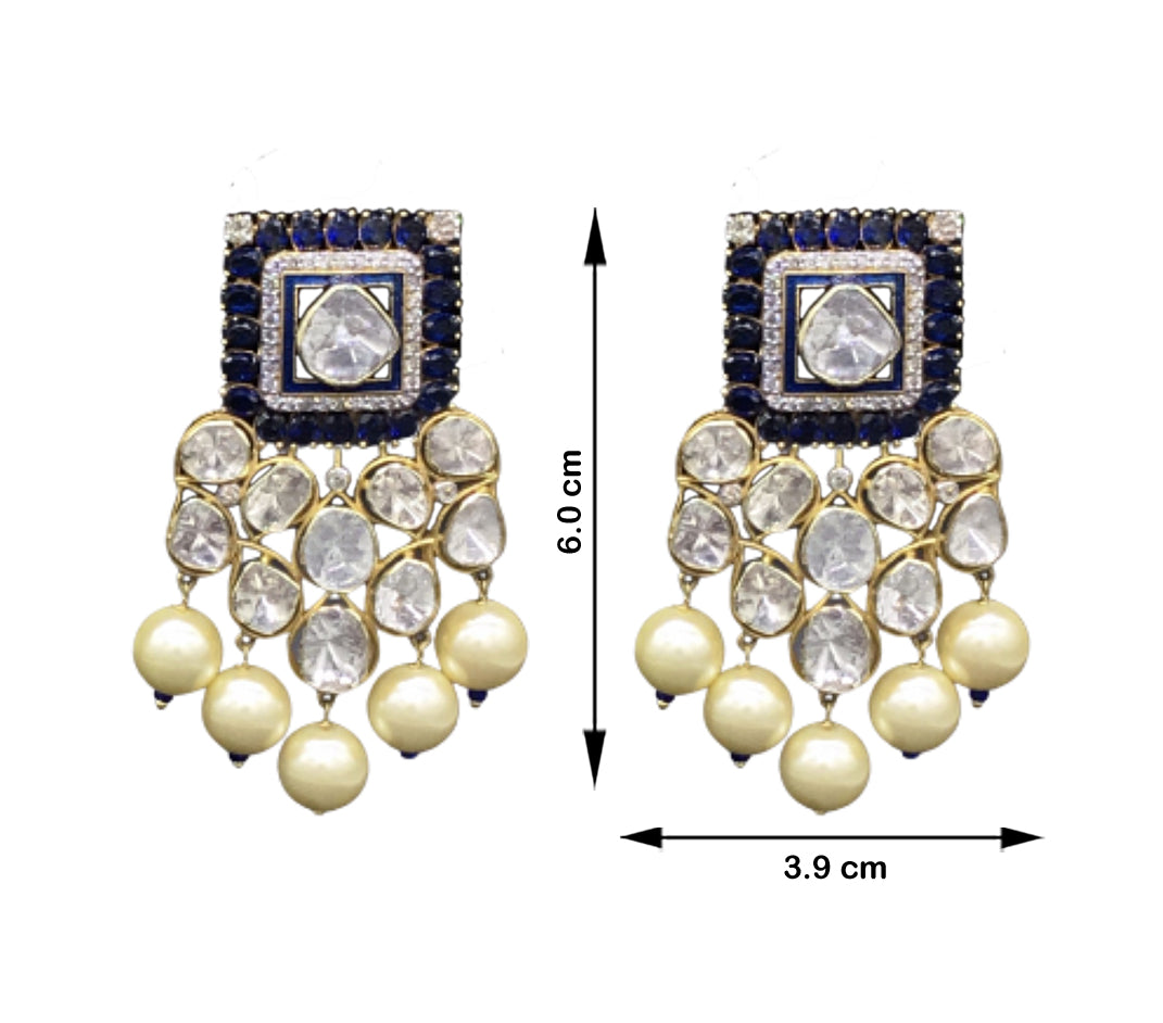 14k Gold and Diamond Polki Designer Open Setting Karanphool Earring Pair with Blue-Sapphires