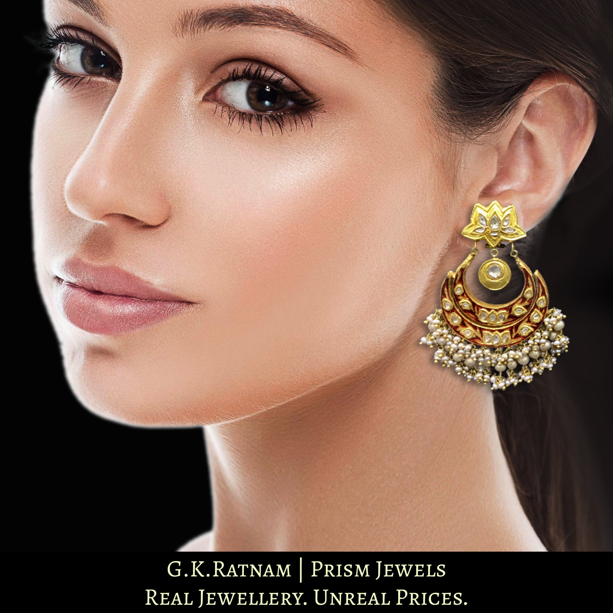 23k Gold and Diamond Polki Reversible Chand Bali Earring Pair with intricate enamelling