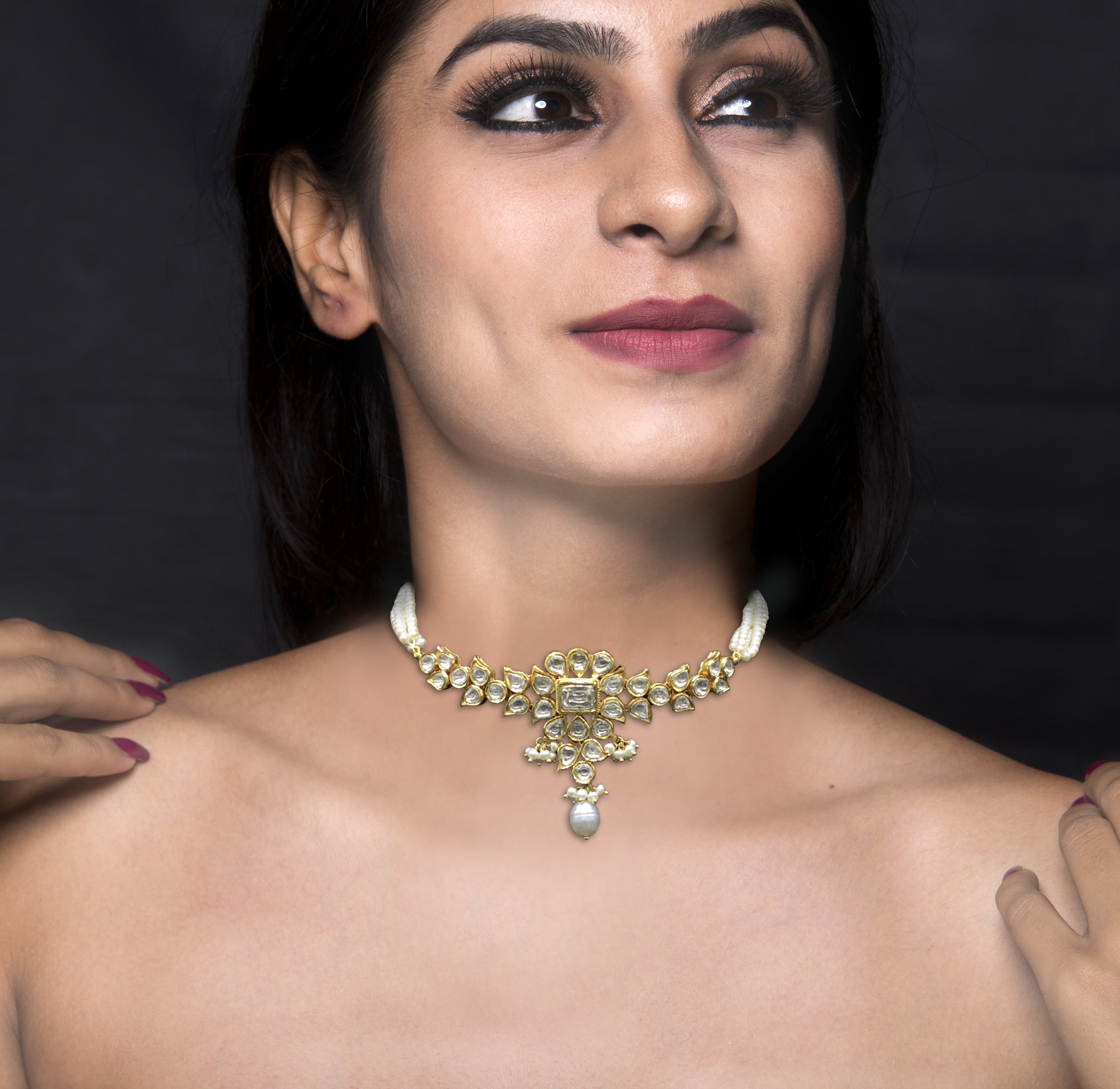 18k Gold and Diamond Polki Choker Necklace strung with Natural Freshwater Pearls