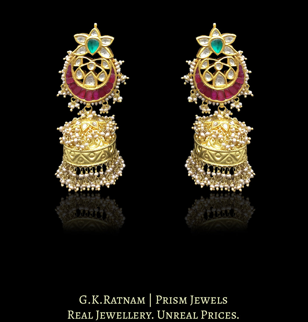 22k Gold and Diamond Polki Karanphool Jhumki Earring Pair with rubies, emeralds and antique hyderabadi pearls