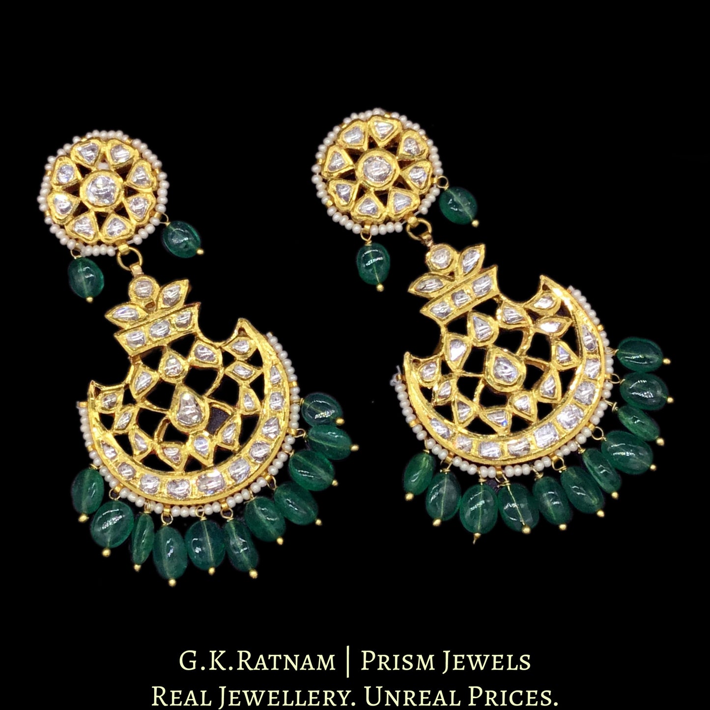 18k Gold and Diamond Polki Pankhi (fan) Necklace Set with emerald-grade beryl hangings - G. K. Ratnam