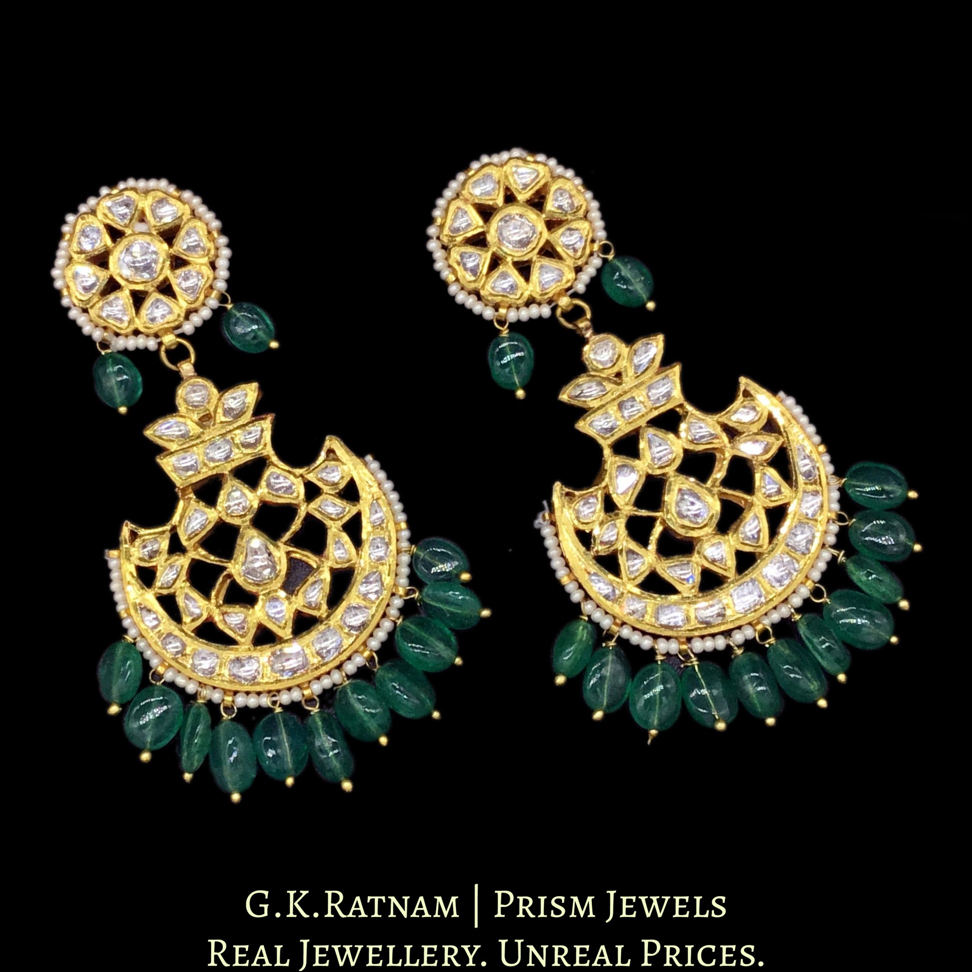 18k Gold and Diamond Polki Pankhi (fan) Necklace Set with emerald-grade beryl hangings - G. K. Ratnam