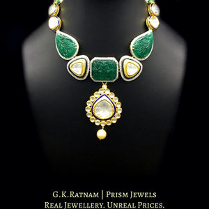 18k Gold and Diamond Polki fusion Necklace Set with big uncut hanging and Green Beryl Carvings