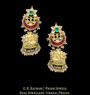 22k Gold and Diamond Polki Karanphool Jhumki Earring Pair with rubies, emeralds and antique hyderabadi pearls