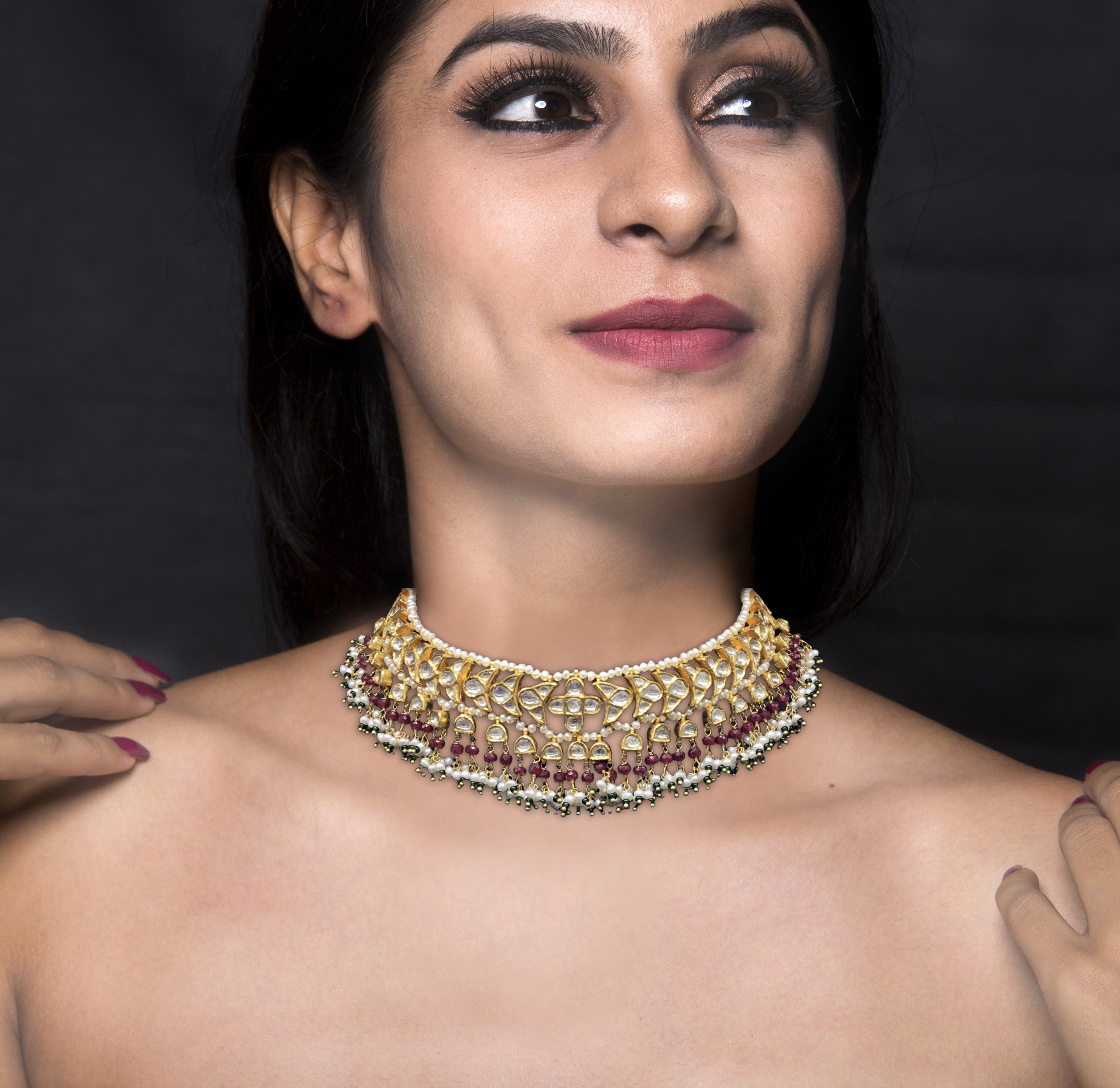 22k Gold and Diamond Polki Choker Necklace with Natural Freshwater Pearls