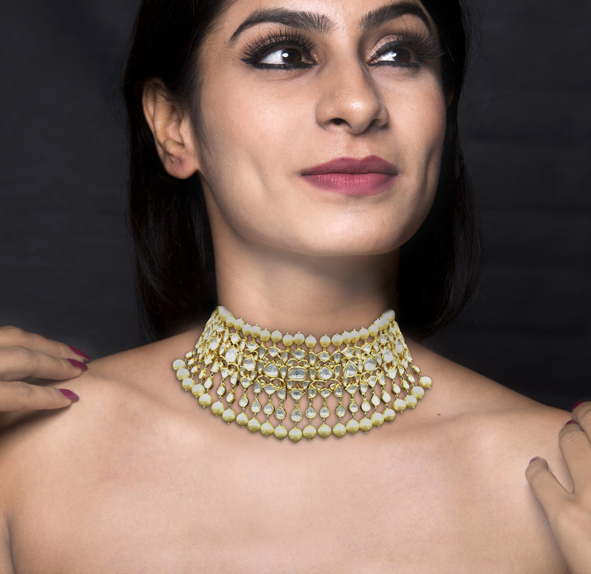 18k Gold and Diamond Polki Choker Necklace Set with glossy pearl hangings - G. K. Ratnam