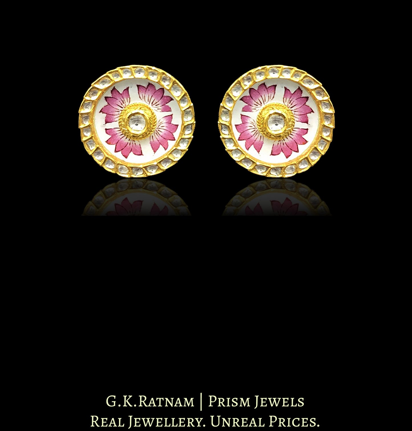18k Gold and Diamond Polki Karanphool Earring Pair with intricate pink enamelling - G. K. Ratnam