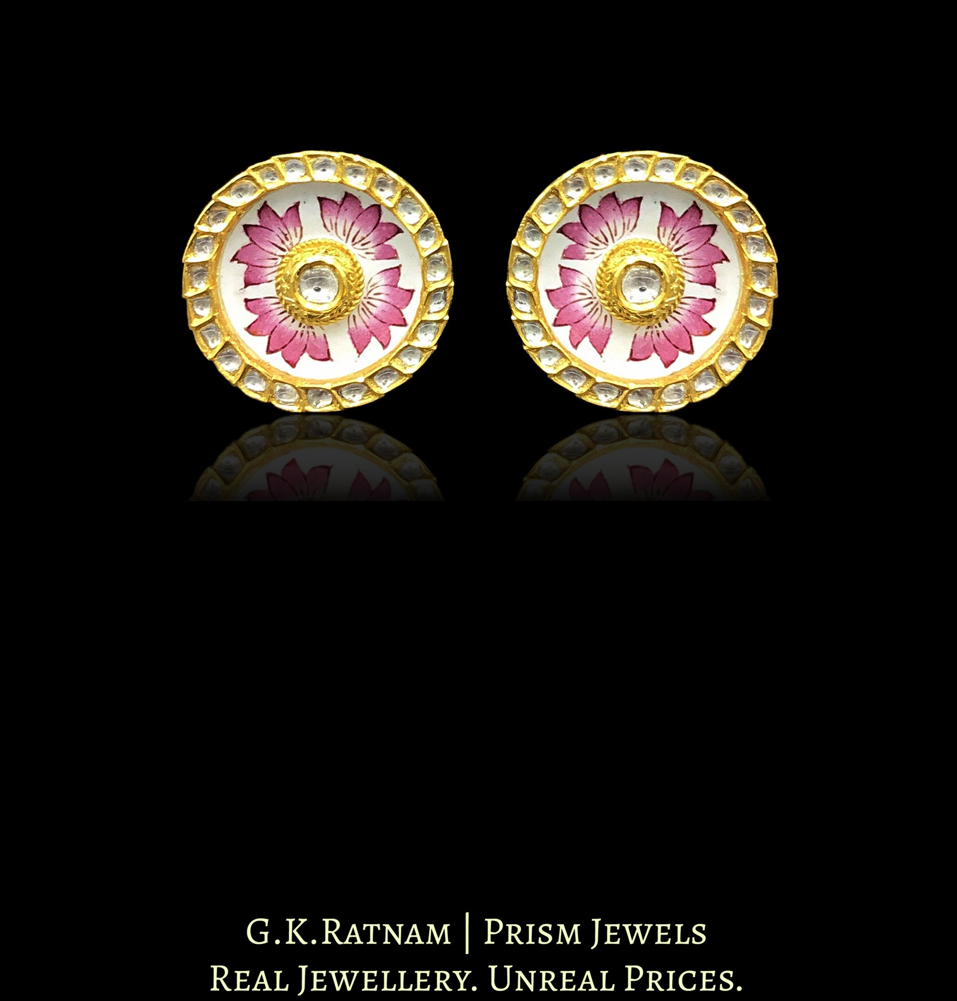 18k Gold and Diamond Polki Karanphool Earring Pair with intricate pink enamelling - G. K. Ratnam