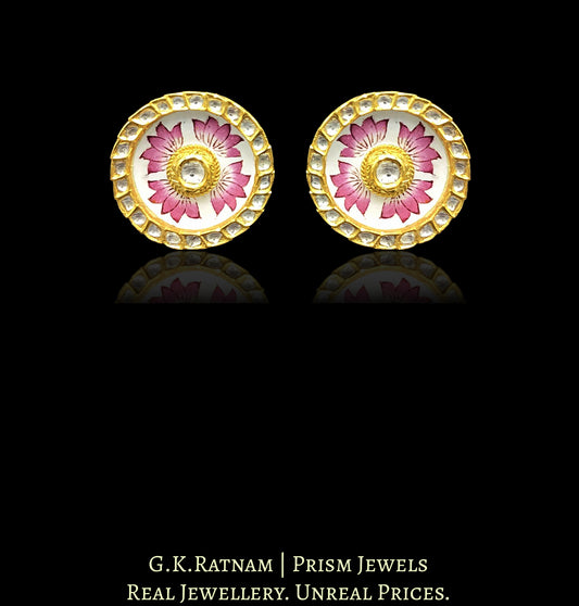 18k Gold and Diamond Polki Karanphool Earring Pair with intricate pink enamelling - G. K. Ratnam