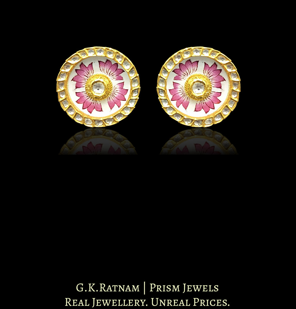 18k Gold and Diamond Polki Karanphool Earring Pair with intricate pink enamelling
