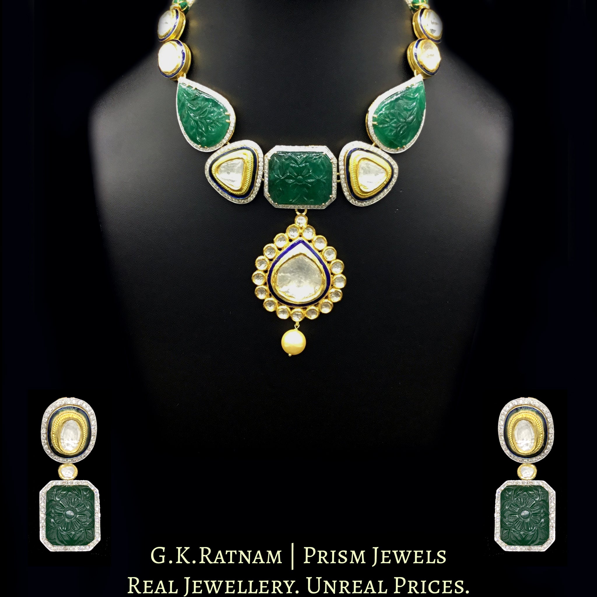 18k Gold and Diamond Polki fusion Necklace Set with big uncut hanging and Green Beryl Carvings