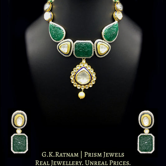 18k Gold and Diamond Polki fusion Necklace Set with big uncut hanging and Green Beryl Carvings
