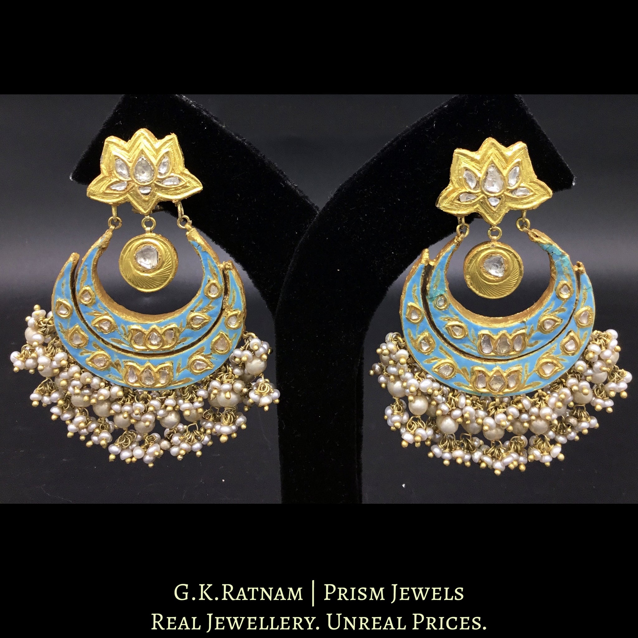 23k Gold and Diamond Polki Reversible Chand Bali Earring Pair with intricate enamelling