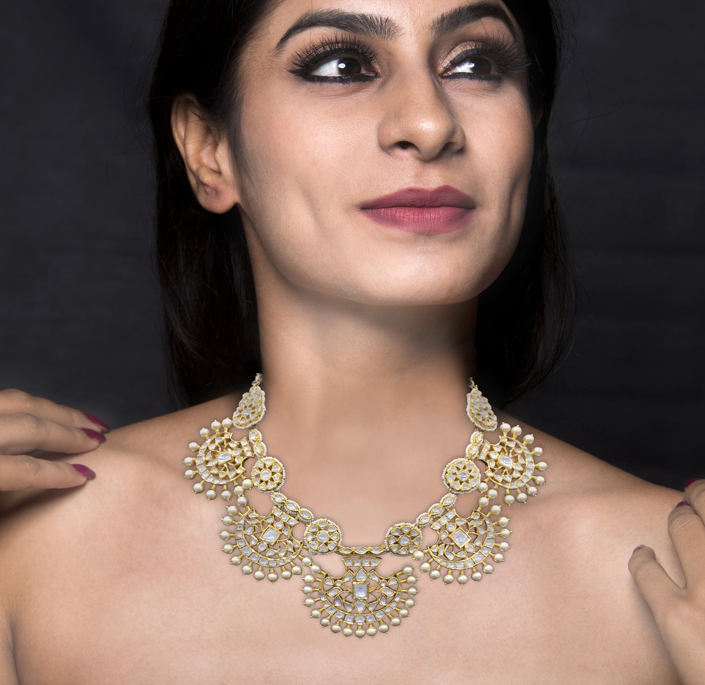 18k Gold and Diamond Polki Pankhi (fan) Necklace Set with Blue Enamelling - G. K. Ratnam