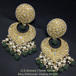 23k Gold and Diamond Polki Chand Bali Earring Pair with Aventurine Melons