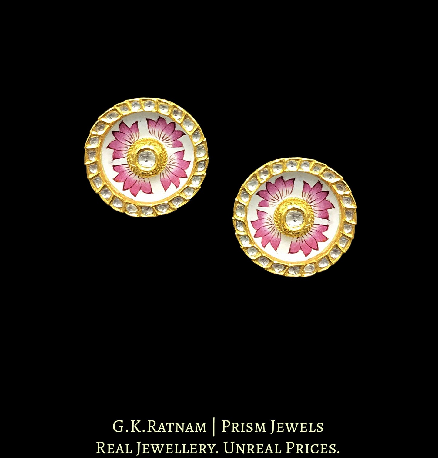 18k Gold and Diamond Polki Karanphool Earring Pair with intricate pink enamelling - G. K. Ratnam
