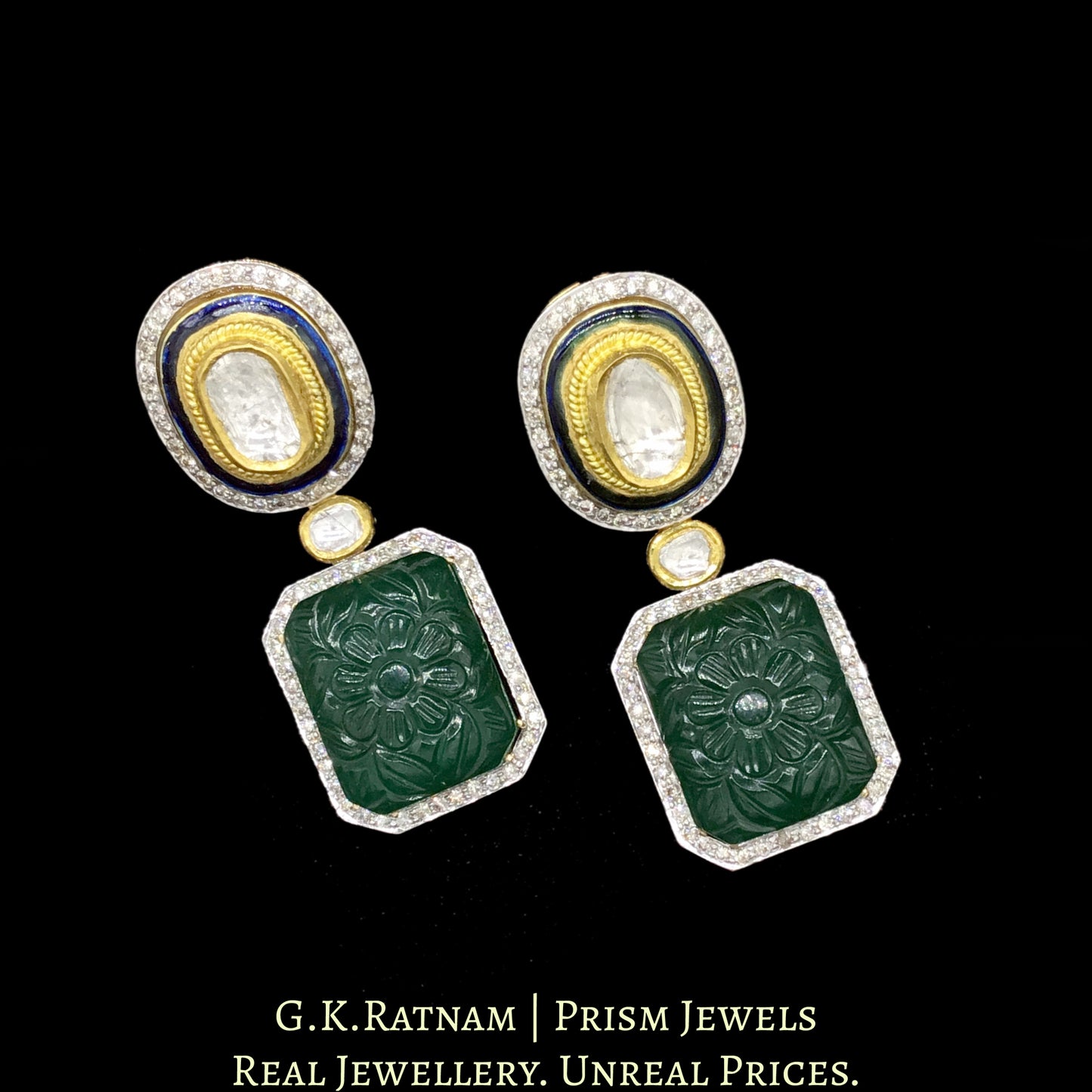 18k Gold and Diamond Polki fusion Necklace Set with big uncut hanging and Green Beryl Carvings