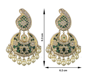 23k Gold and Diamond Polki Green Chand Bali Earrings with Pearls