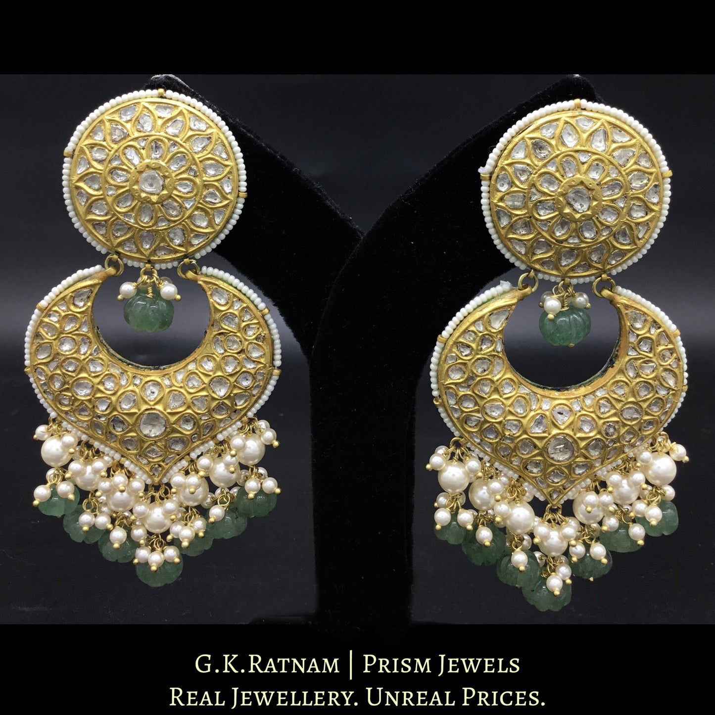 23k Gold and Diamond Polki Chand Bali Earring Pair with Aventurine Melons - G. K. Ratnam