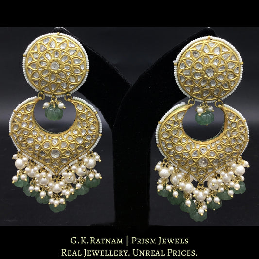 23k Gold and Diamond Polki Chand Bali Earring Pair with Aventurine Melons - G. K. Ratnam