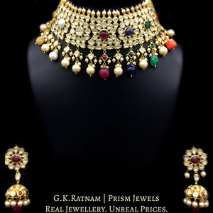 18k Gold and Diamond Polki Navratna Choker Necklace Set with uncut pear-shaped drops and color stone stringing