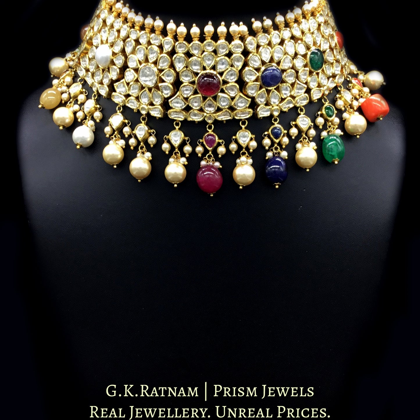 18k Gold and Diamond Polki Navratna Choker Necklace Set with uncut pear-shaped drops and color stone stringing