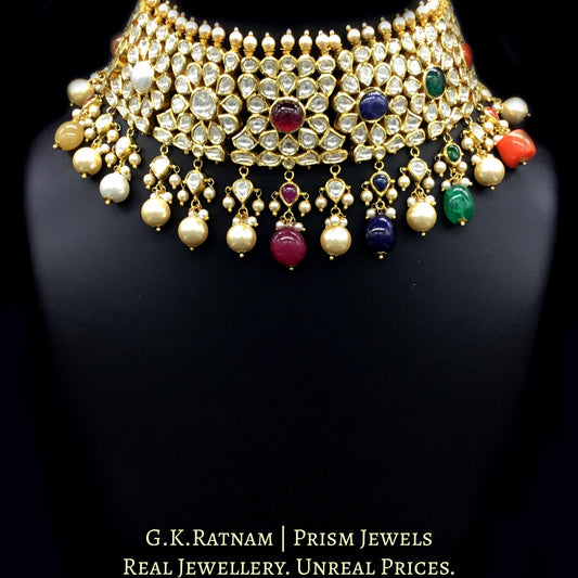 18k Gold and Diamond Polki Navratna Choker Necklace Set with uncut pear-shaped drops and color stone stringing