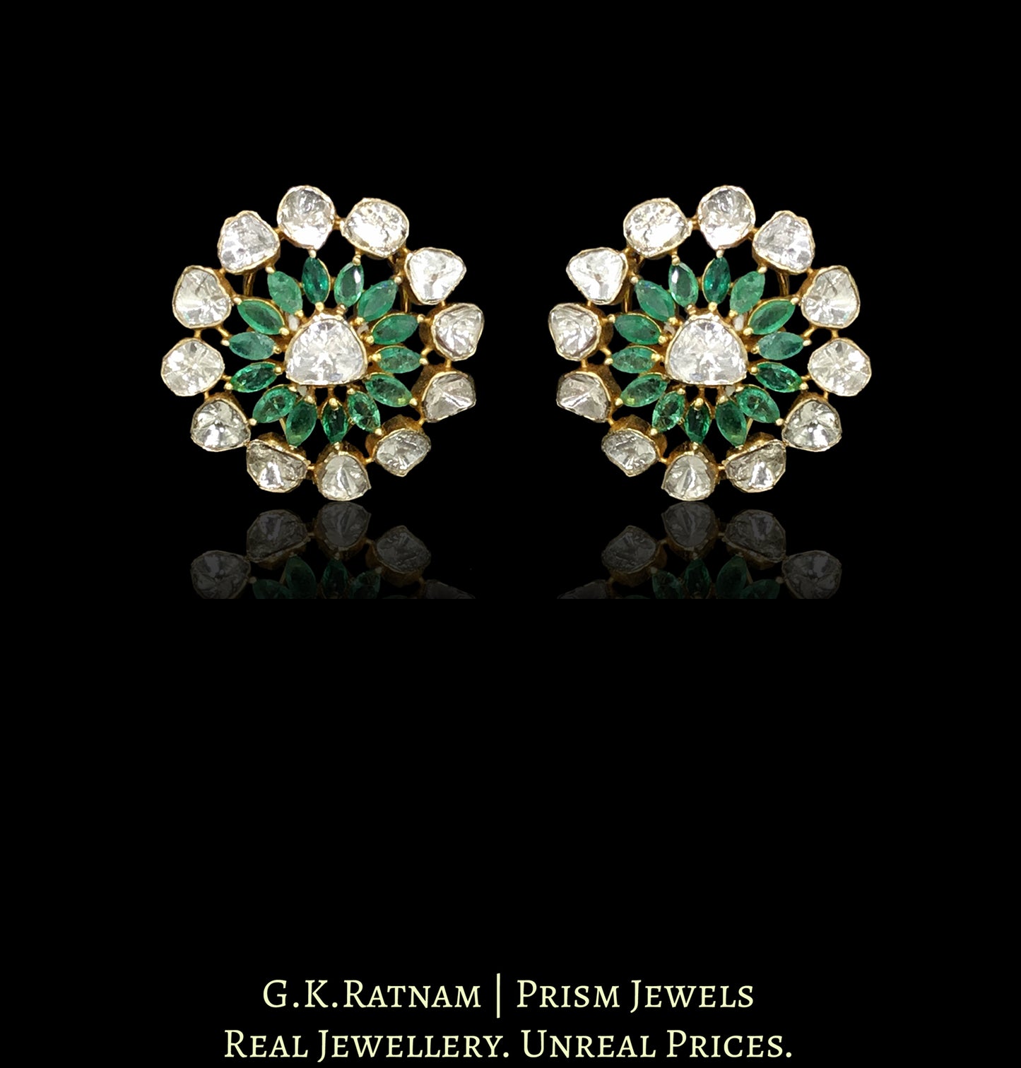 14k Gold and Diamond Polki Open Setting Karanphool Earring Pair with Natural Emerald Marquises - G. K. Ratnam