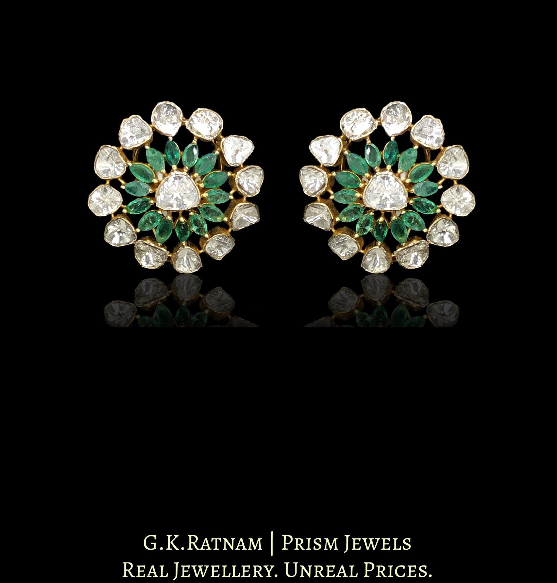 14k Gold and Diamond Polki Open Setting Karanphool Earring Pair with Natural Emerald Marquises - G. K. Ratnam