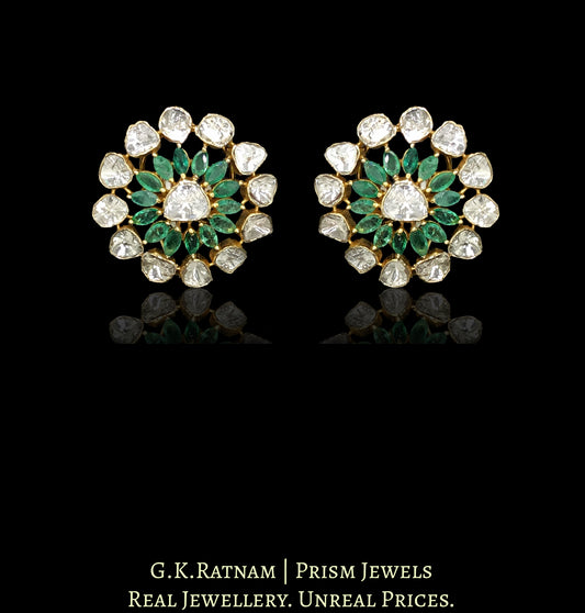 14k Gold and Diamond Polki Open Setting Karanphool Earring Pair with Natural Emerald Marquises - G. K. Ratnam