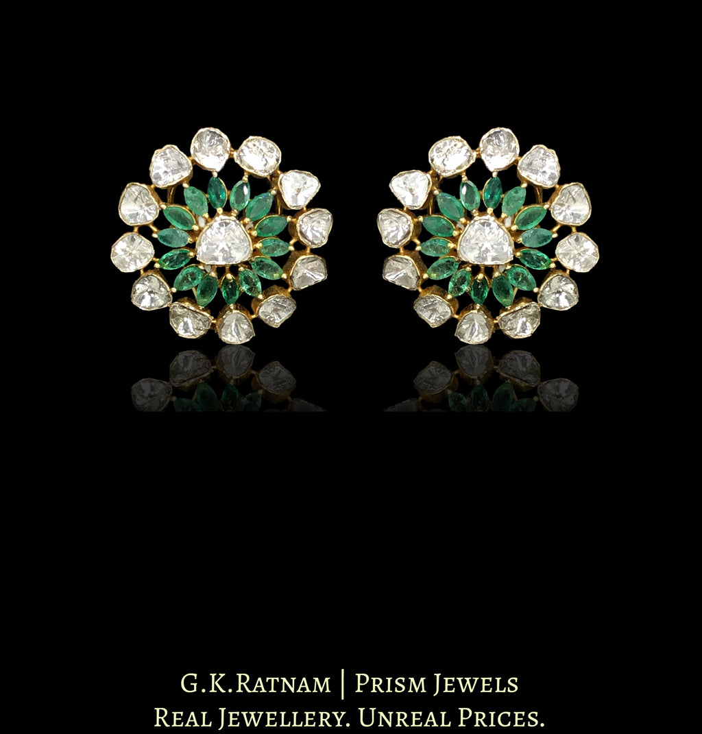 14k Gold and Diamond Polki Open Setting Karanphool Earring Pair with Natural Emerald Marquises