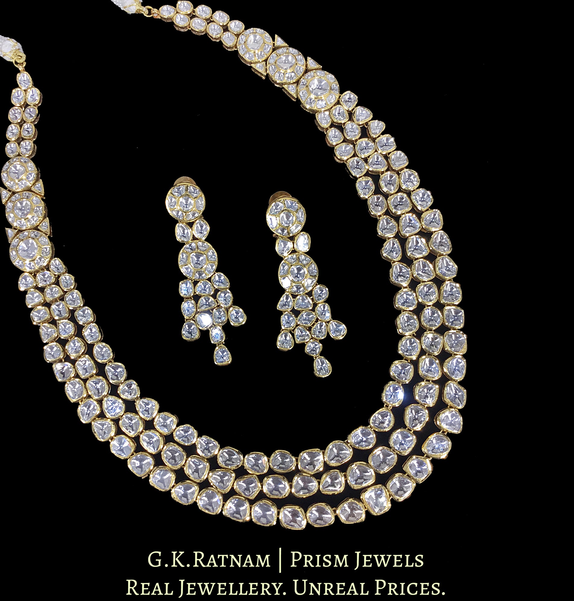 18k Gold and Diamond Polki three liner Long Necklace Set with mix-shaped uncut elements